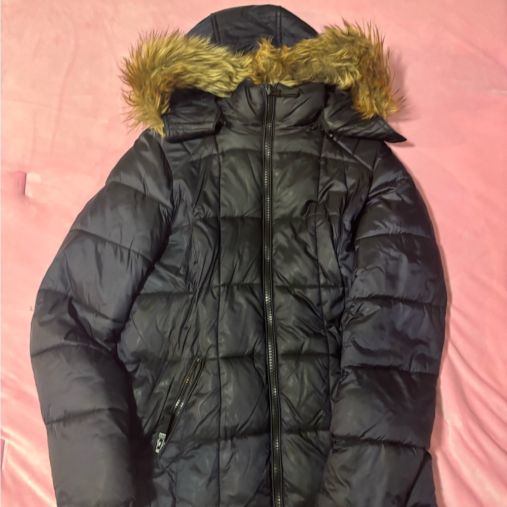 Women's Navy Puffer Jacket with Faux Fur Hood